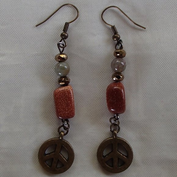 Speckled Goldstone Labradorite Gemstone Earrings Rondelle Spacers Brass Peace - Picture 6 of 13